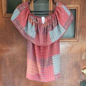 Purple Rain Off-Shoulder Patchwork Blouse in Coral and Teal